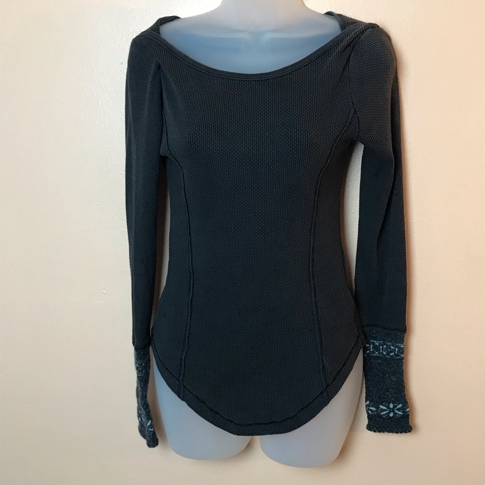 Free People Thermal Waffle Weave Top Black Knit Contrast Cuffs Women S